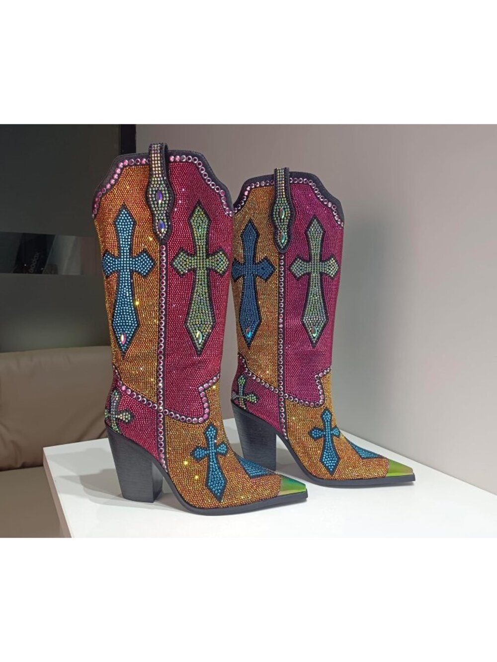 Women's Multi Rhinestone Cross Western Pointed Toe Knee High Cowboy Boots - Picture 2 of 6